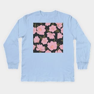 Cold pink magnolias pattern on dark Kids Long Sleeve T-Shirt